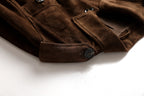Detailed view of Maillard Goat Suede Utility Jacket in rich brown with button closures
