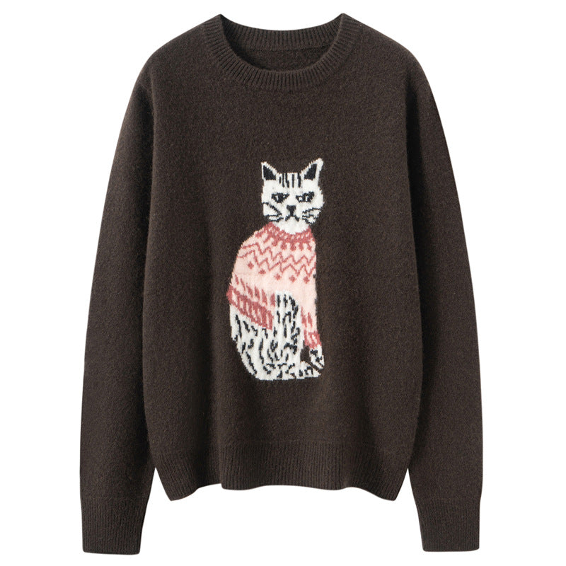 Maison Eline Essential Cashmere Jacquard Sweater Thickened Luxury with Timeless Animal Motif featuring a stylish cat design