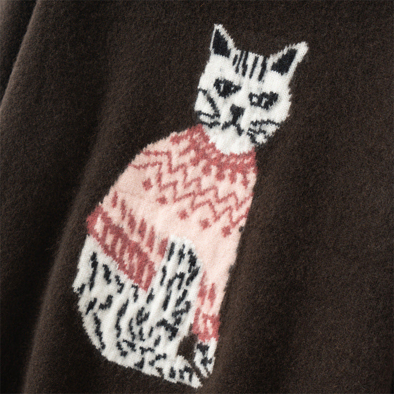Maison Eline Essential Cashmere Jacquard Sweater Thickened Luxury with Timeless Animal Motif featuring a cat design