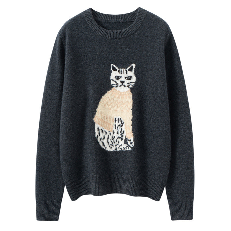Maison Eline Essential Cashmere Jacquard Sweater featuring a cat design in soft, comfortable fabric