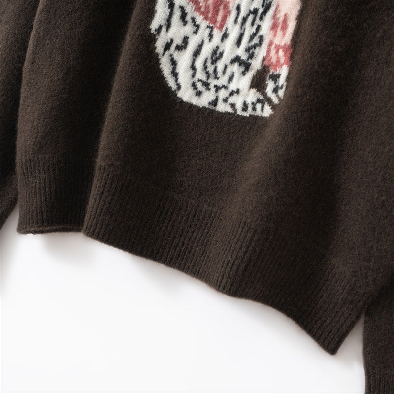 Maison Eline Essential Cashmere Jacquard Sweater Thickened Luxury with Timeless Animal Motif in dark brown