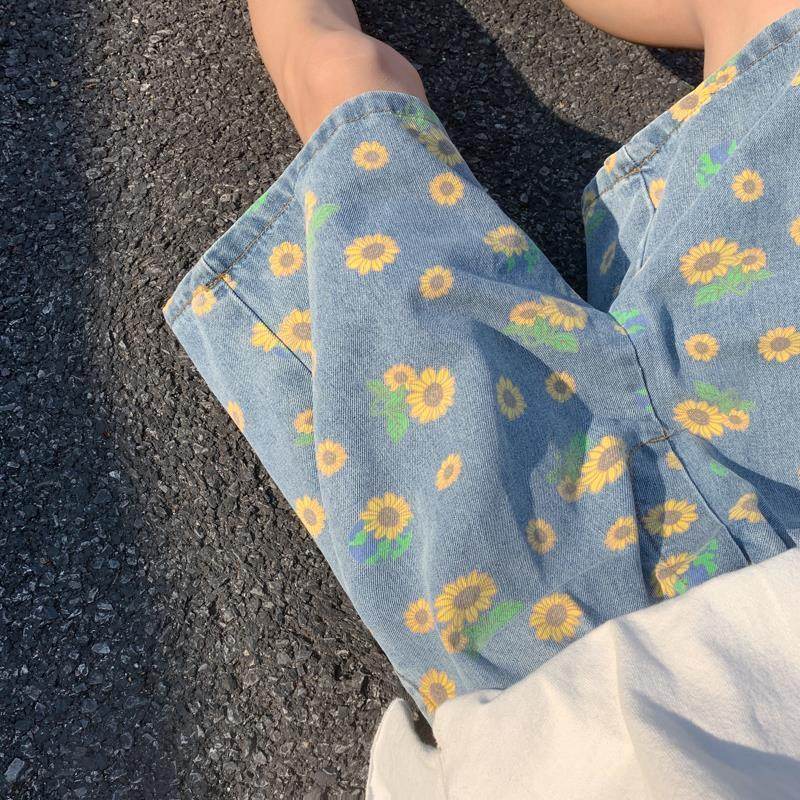 Bugi scurți florali cu imprimeu de floarea soarelui albastri, model casual AM Vision RO