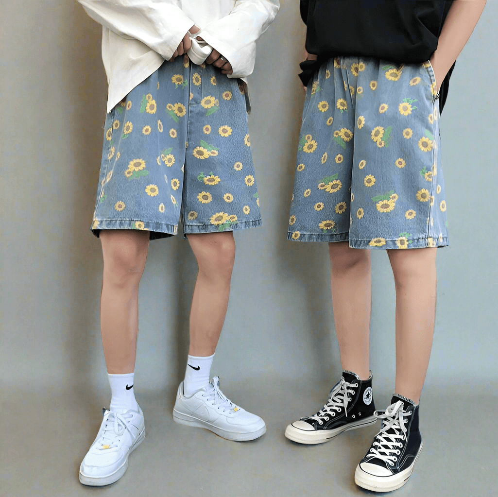 pantaloni scurti din denim cu imprimeu floarea soarelui 