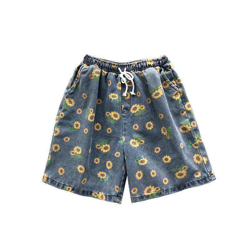 Bugi scurți florali scurti denim bleumarin cu imprimeu de floarea soarelui talie elastica si snur