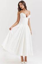 Elegant AM Vision RO Maxi Dress with Deep Neckline in White, featuring a flattering A-line silhouette