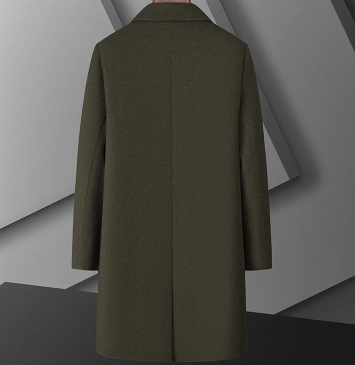 Back view of a stylish Men Wool Coat Autumn-Winter 2025 in a dark green color, suitable for cold weather.