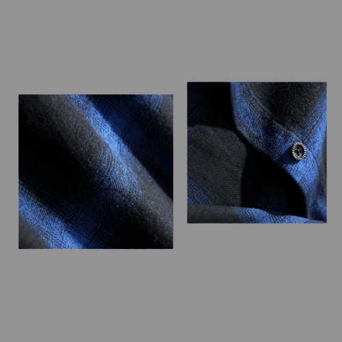 Close-up of a men's checkered shirt in blue and black fabric with a button detail