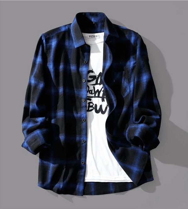 Men's checkered shirt in blue and black with a casual white graphic t-shirt underneath