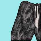 Men's graffiti design pants with bold black and gray street art print and white drawstring waistband