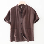 Men's Linen Shirt in Brown with Short Sleeves and Two Front Pockets