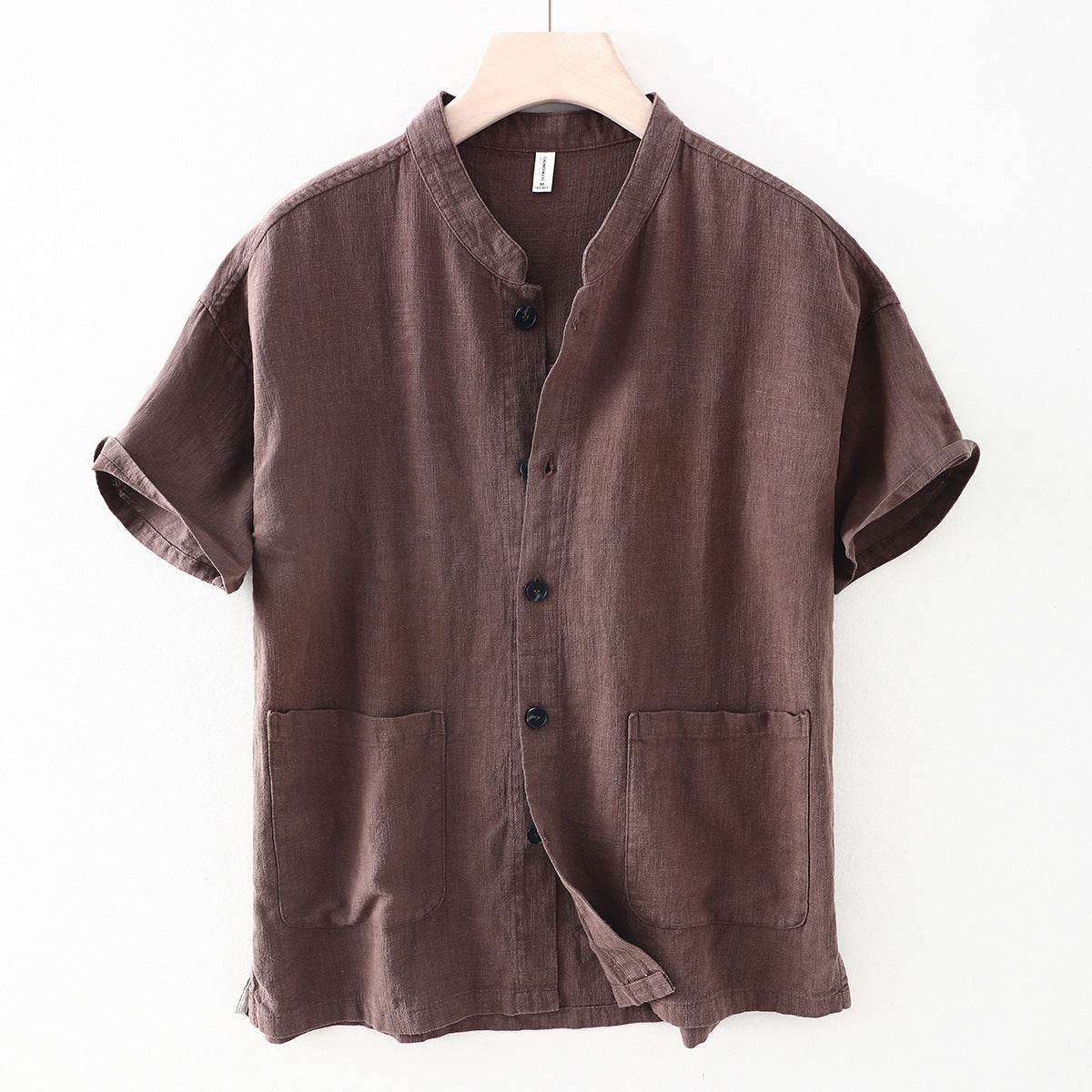 Men's Linen Shirt in Brown with Short Sleeves and Two Front Pockets