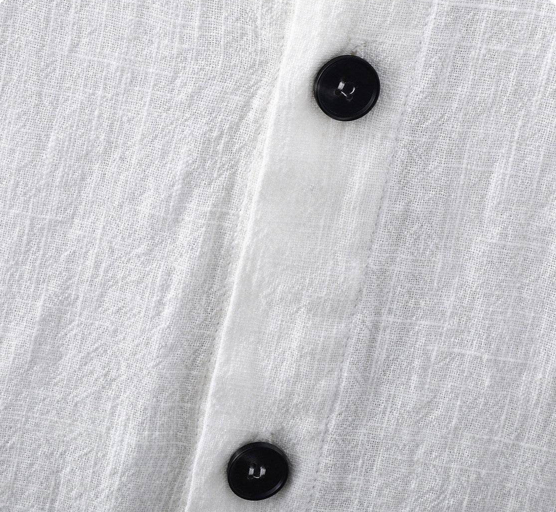 White Men's Linen Shirt with Black Buttons and a Soft, Breathable Fabric