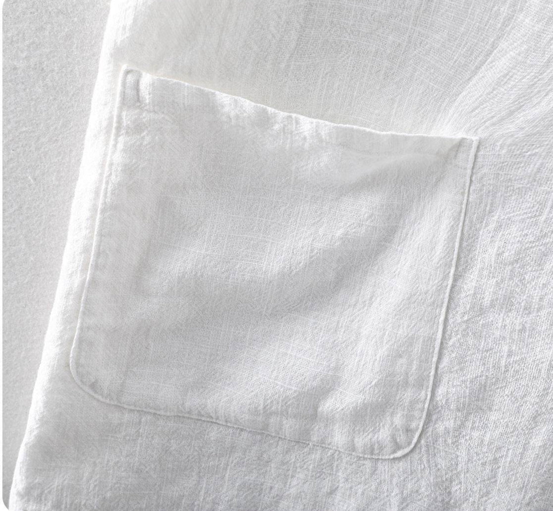 Close-up of Men's Linen Shirt featuring a comfortable chest pocket