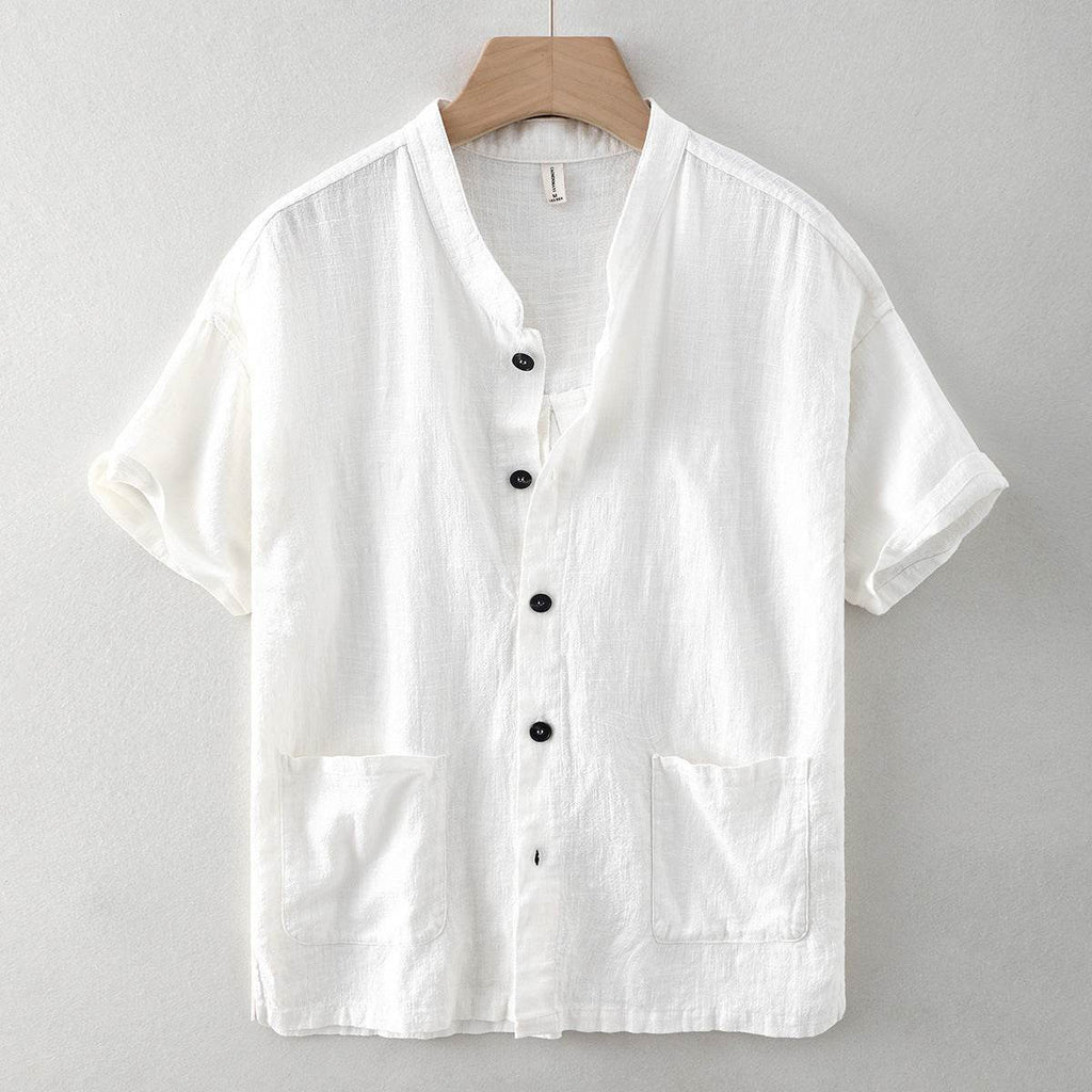 Men's Linen Shirt in White with Short Sleeves and Front Pockets