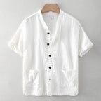 Men's Linen Shirt in White with Short Sleeves and Front Pockets