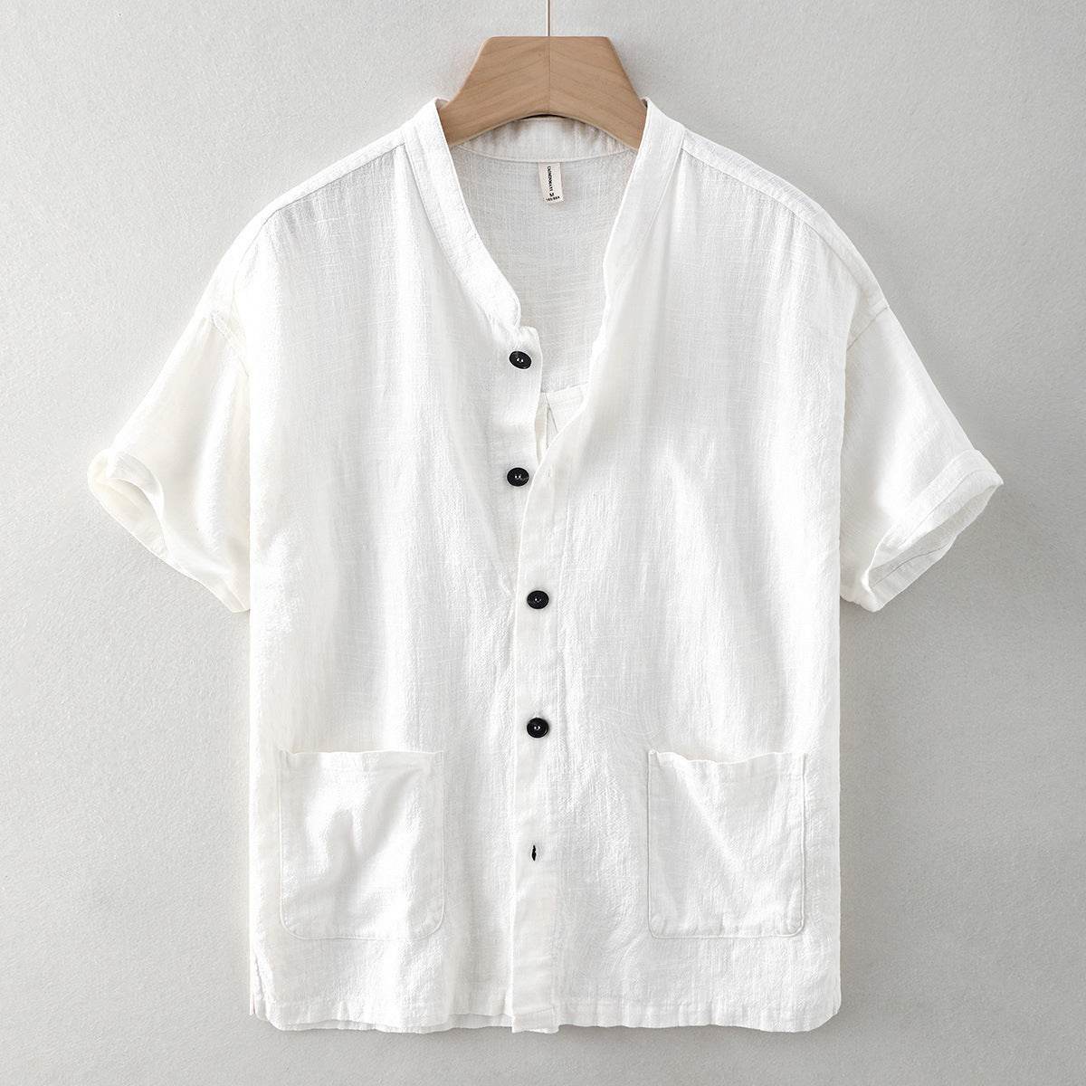 Men's Linen Shirt in White with Short Sleeves and Front Pockets
