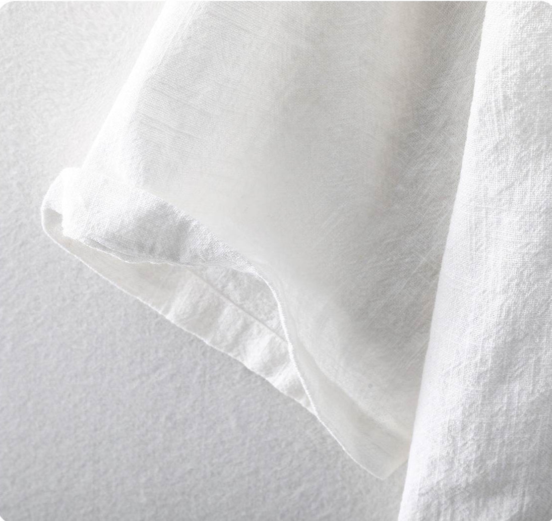 Close-up of a white Men's Linen Shirt showcasing soft fabric and detailed stitching