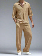 Stylish Men's Summer Suit Set in beige, featuring a short-sleeve collared shirt and relaxed-fit pants