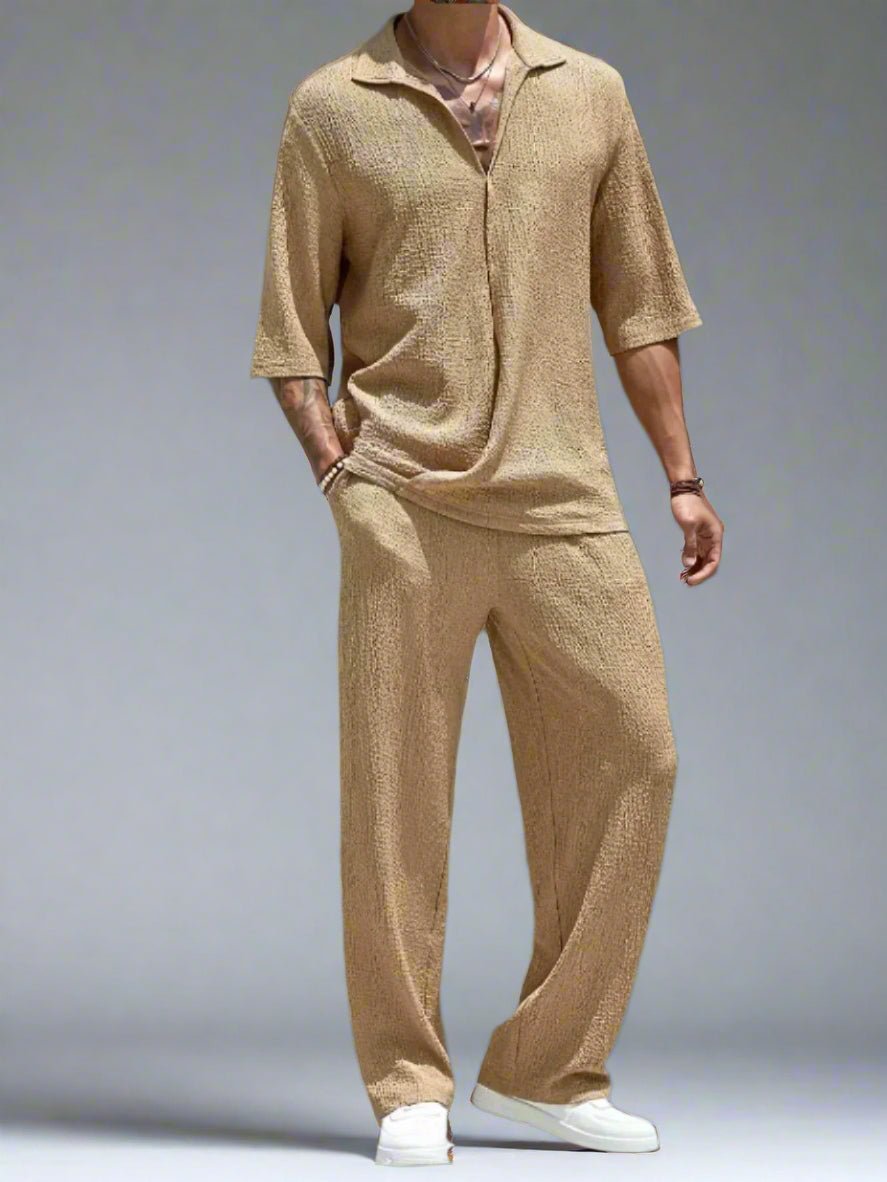 Stylish Men's Summer Suit Set in beige, featuring a short-sleeve collared shirt and relaxed-fit pants
