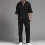 Stylish Men's Summer Suit Set in Black with Short Sleeves and Relaxed Fit Trousers