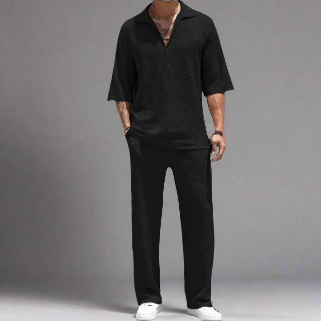 Stylish Men's Summer Suit Set in Black with Short Sleeves and Relaxed Fit Trousers