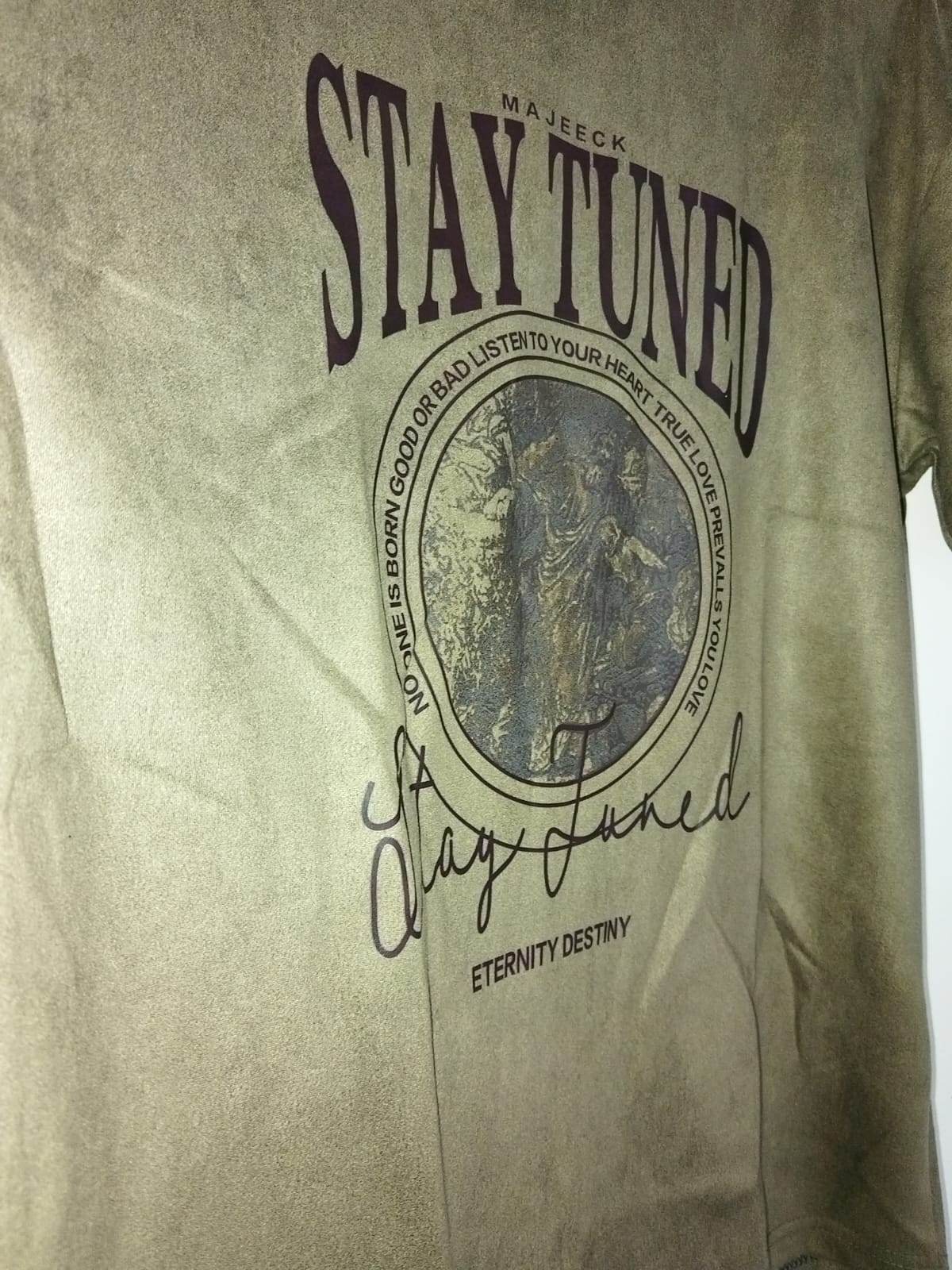 Men's velvet t-shirt featuring a unique graphic and stylish text design in earthy tones