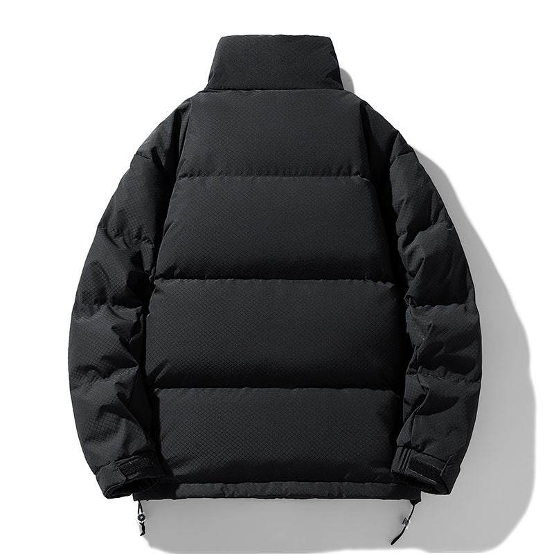Back view of a Men's Winter Jacket with Duck Down, featuring a sleek black design and padded warmth