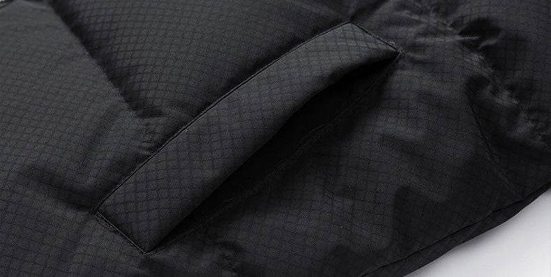 Close-up of AM Vision RO Men's Winter Jacket with Duck Down showcasing the quilted fabric and pocket detail