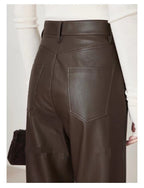 Back view of Merard Luxe Sheepskin Pants in dark brown with stylish pockets and tailored fit