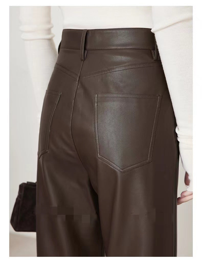Back view of Merard Luxe Sheepskin Pants in dark brown with stylish pockets and tailored fit