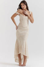 Elegant Mermaid Style Dress in beige with off-shoulder design and tiered hem for special occasions