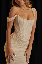 Elegant Mermaid Style Dress in beige with off-shoulder straps and textured fabric