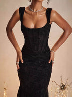 Elegant black Mermaid Style Dress with a fitted silhouette and intricate lace detailing
