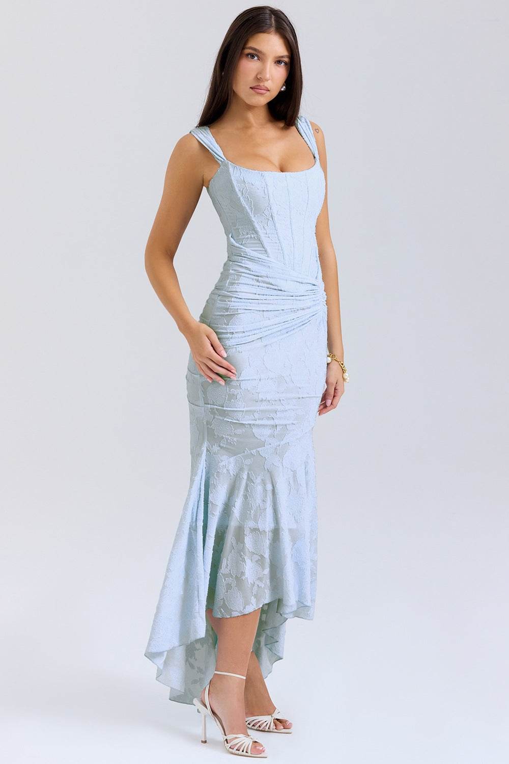 Light blue Mermaid Style Dress with fitted bodice and flared hem for elegant occasions