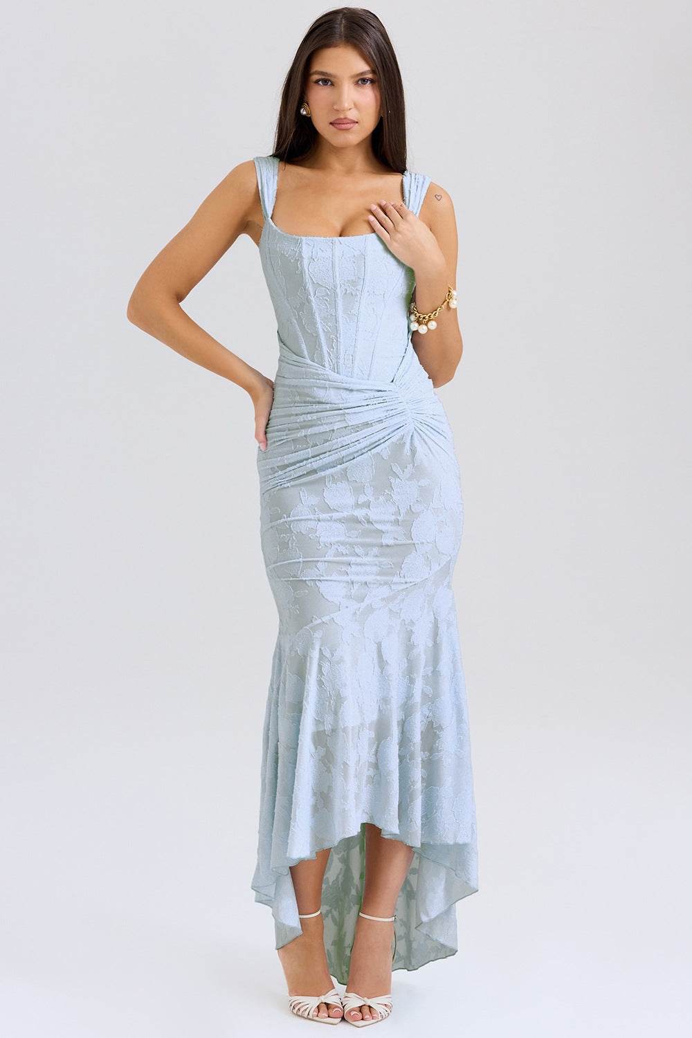 Elegant Mermaid Style Dress in Light Blue with Ruching and Asymmetrical Hem for Special Occasions