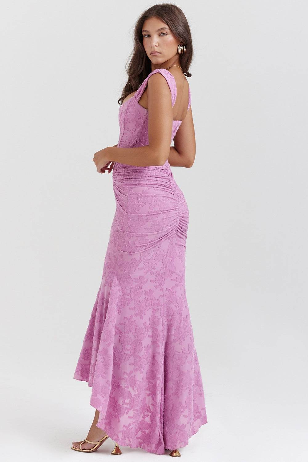 Elegant pink Mermaid Style Dress with ruched detailing and a flared hem for a flattering silhouette