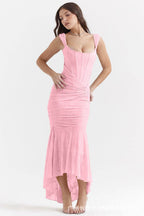 Elegant pink Mermaid Style Dress with a flattering ruched design and high-low hemline
