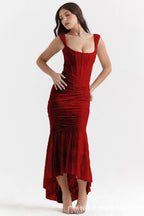 Elegant red Mermaid Style Dress with ruched design and flared hem, perfect for formal events