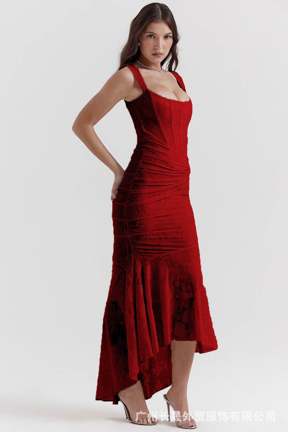 Elegant red Mermaid Style Dress with ruched detailing and a high-low hem for special occasions