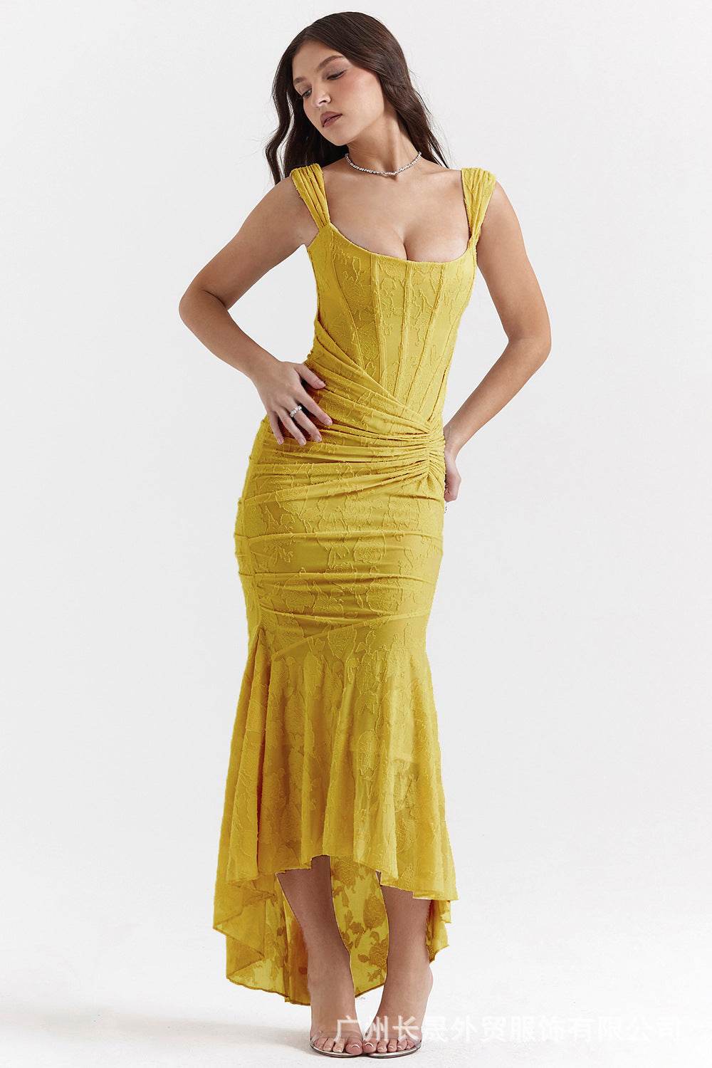 Elegant yellow Mermaid Style Dress with ruched detail and high-low hem for special occasions