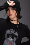 Model wearing Midnight Cat Stretch Tee featuring a stylish graphic of a cat in sunglasses