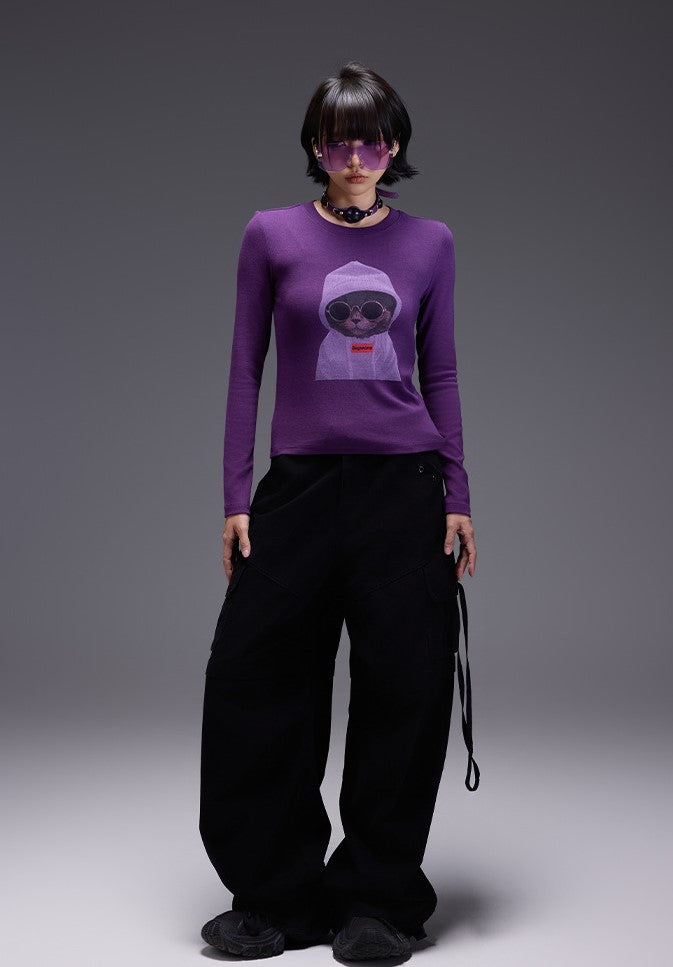 Midnight Cat Stretch Tee in purple featuring a playful graphic design for a stylish look