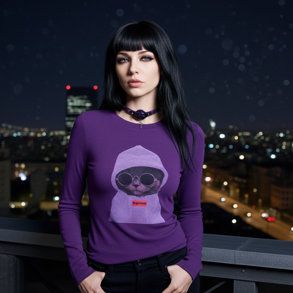 Woman wearing a purple Midnight Cat Stretch Tee with a stylish cat graphic in sunglasses