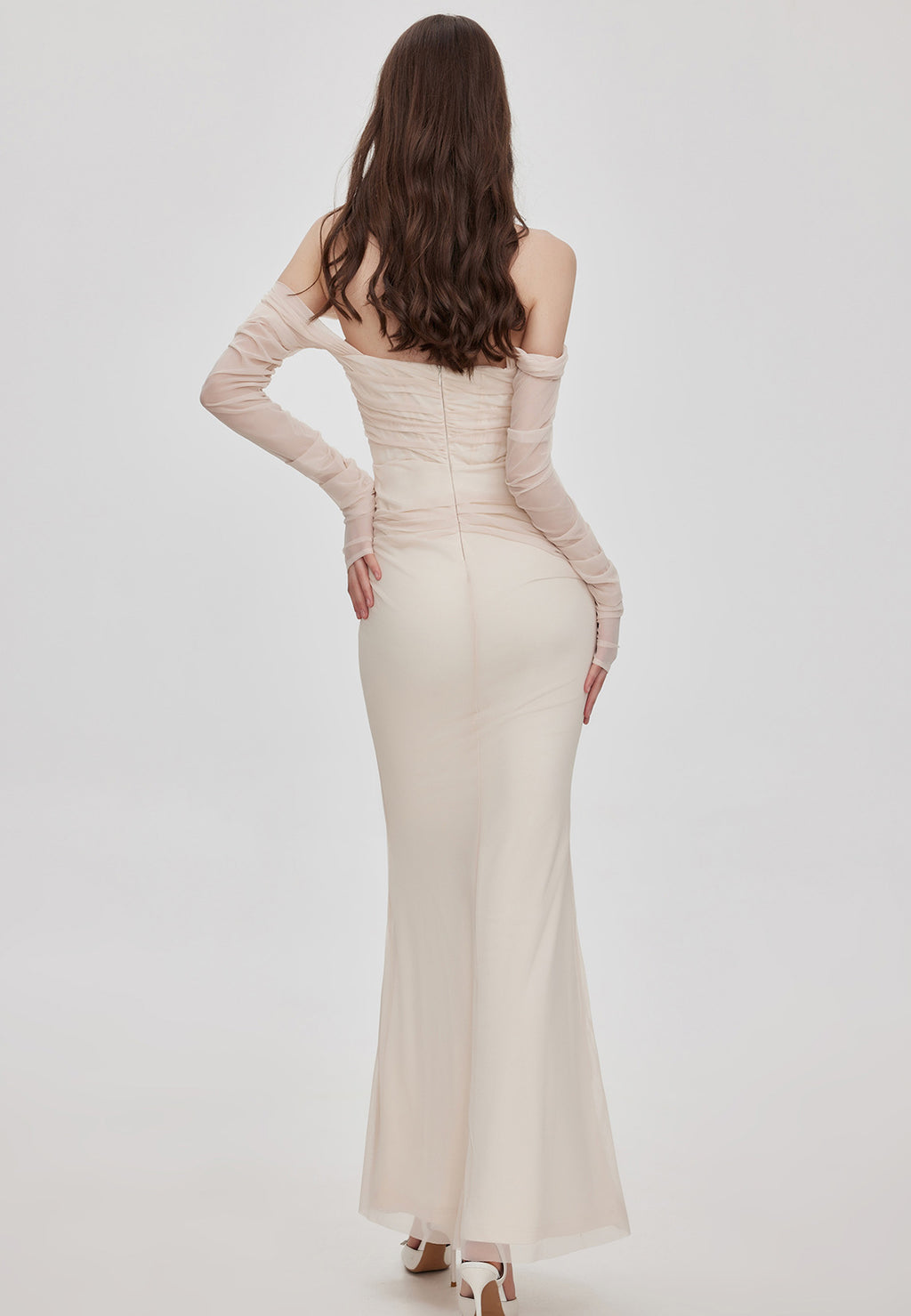 Rear view of Midnight Muse Off-Shoulder Fishtail Dress with elegant fitted design and long sleeves