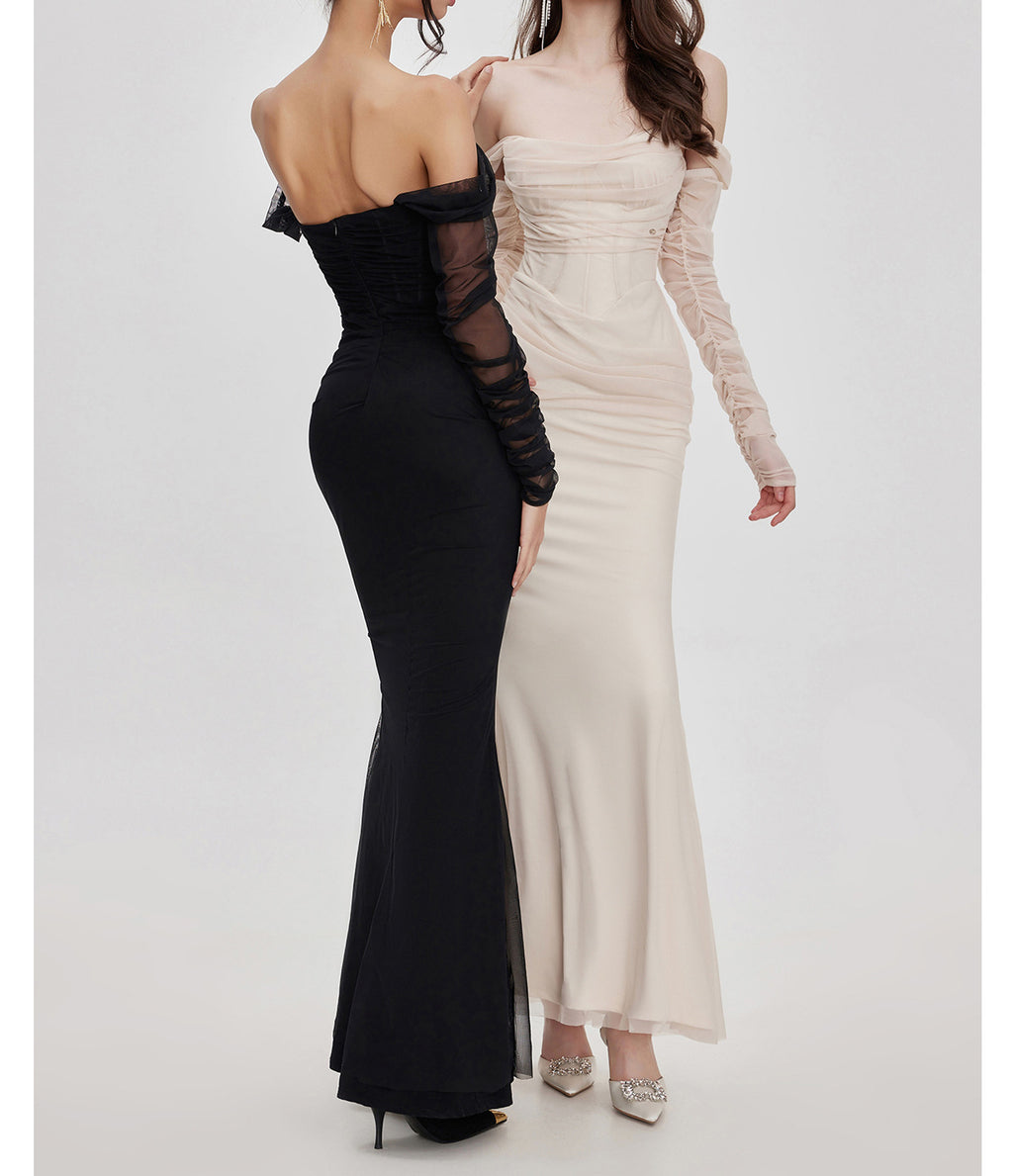 Midnight Muse Off-Shoulder Fishtail Dress in black and cream for elegant occasions