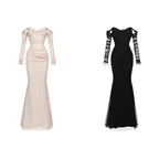 Midnight Muse Off-Shoulder Fishtail Dress in beige and black for elegant evening wear