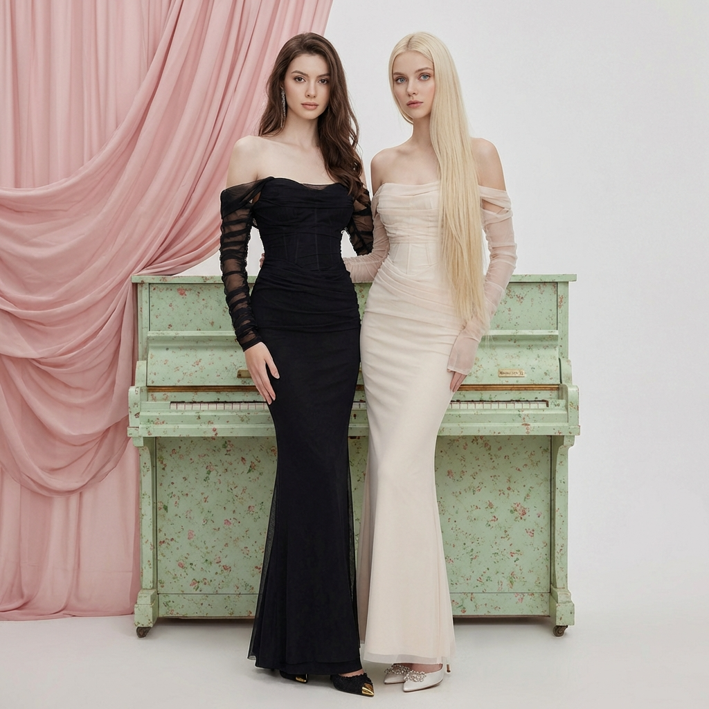 Midnight Muse Off-Shoulder Fishtail Dress in Black and Cream on Models with Vintage Piano Background