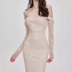 Midnight Muse Off-Shoulder Fishtail Dress in light beige with elegant long sleeves and fitted silhouette