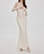 Midnight Muse Off-Shoulder Fishtail Dress in Cream with Long Sleeves for Elegant Evening Wear