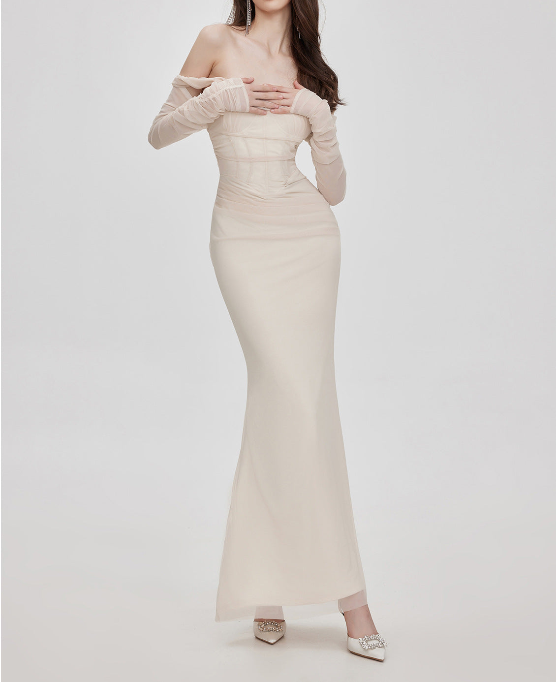 Midnight Muse Off-Shoulder Fishtail Dress in Cream with Long Sleeves for Elegant Evening Wear